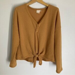 Women's V-Neck Buttoned Tie-Front Thermal in Mustard